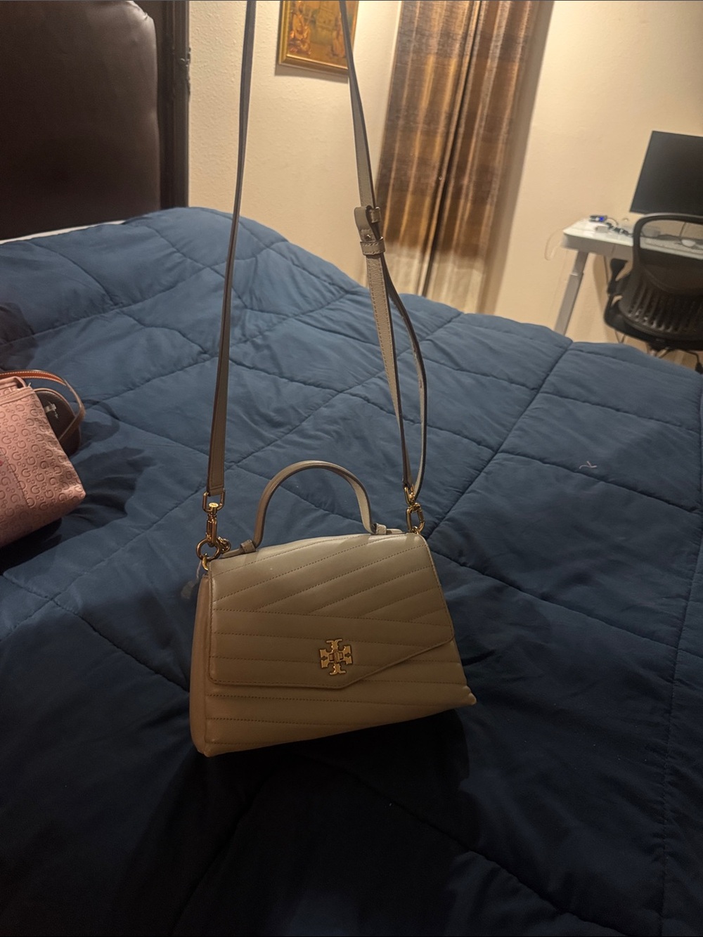 Tory Burch Taupe Quilted Top-Handle Crossbody Bag